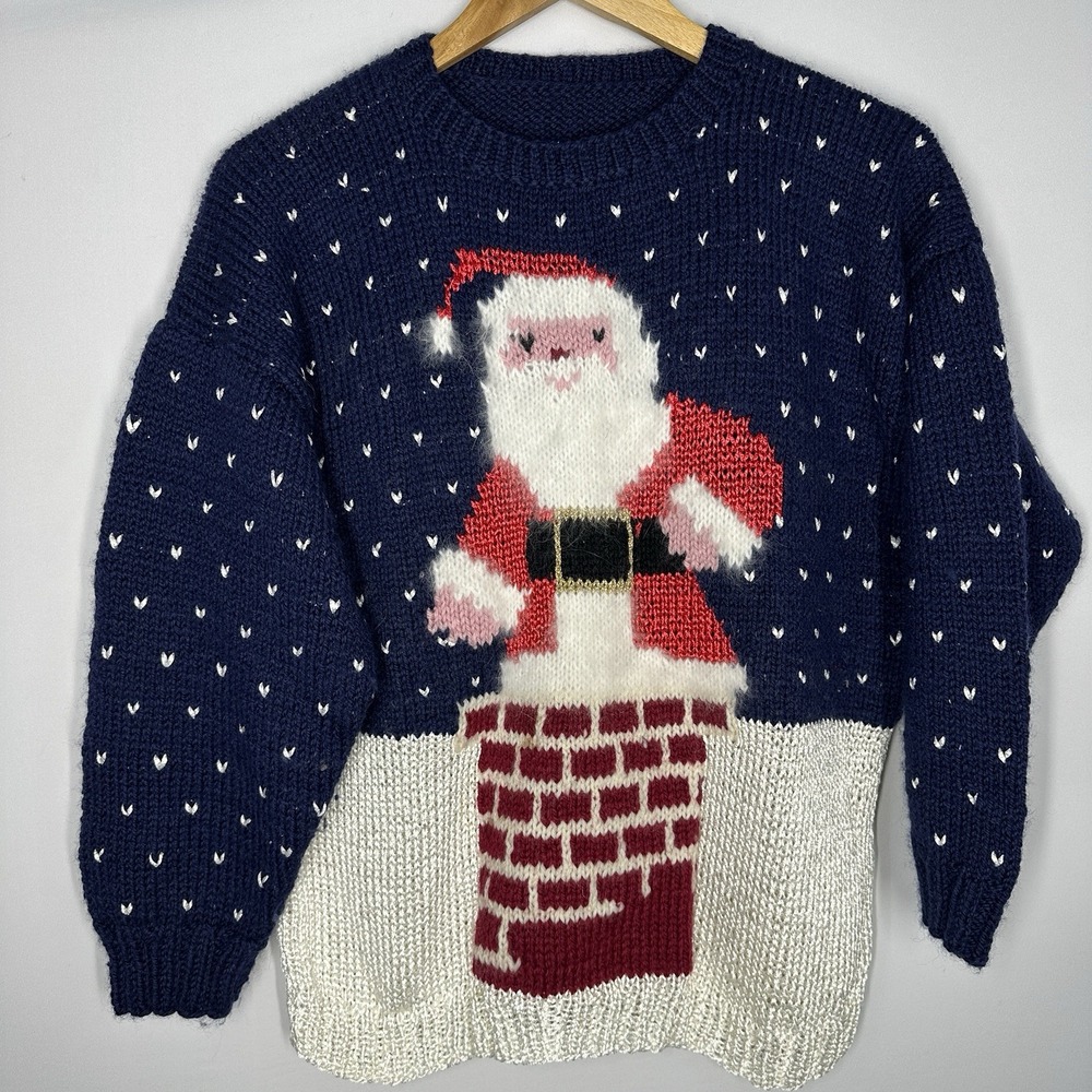 vintage Christmas Ugly sweater Santa Claus Chimney Navy Medium Knit